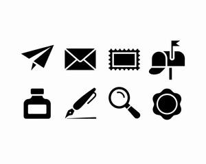 Set of eight black and white icons featuring mail paper airplane inkwell pen magnifying glass and mailbox vector
