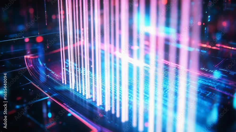 Poster programming code flowing on futuristic digital display in cyberspace