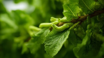 Multiple vibrant green caterpillars are actively feeding on fresh lush mulberry leaves showcasing a natural scene of insect life and plant