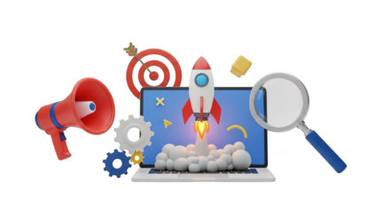 3d rocket launching from a laptop isolated on transparent background