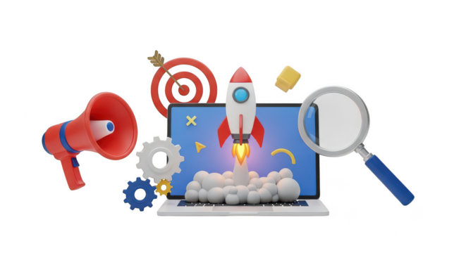 3d rocket launching from a laptop isolated on transparent background