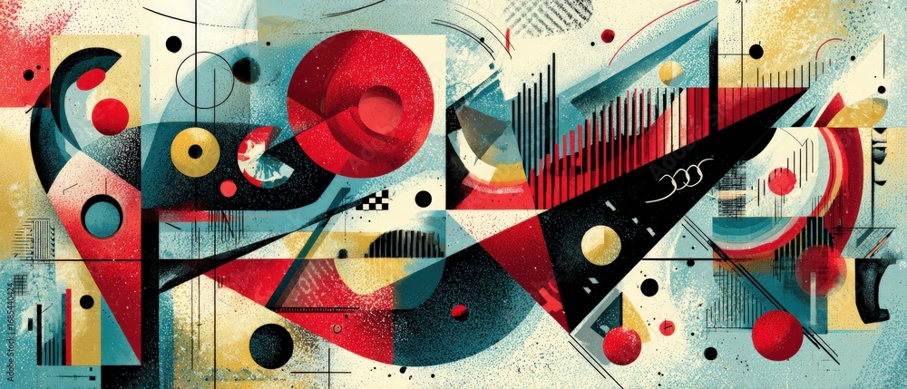 Aufkleber dynamic abstract geometric art with bold red circles and angular shapes in a modern cubist style, ev