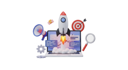 3d rocket launching from a laptop isolated on transparent background