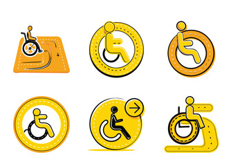 Creative and Modern Accessibility Icons for Wheelchair Users in Yellow and Black