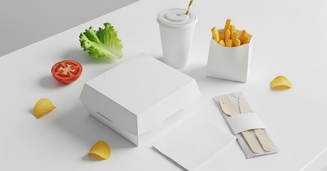 Clean white mockup of fast food items and fresh produce on a white background