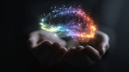 Colorful Galaxy Brain Concept in Hands on Dark Background