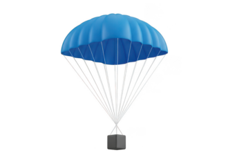3d blue parachute with gray box down isolated on transparent background
