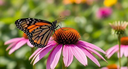 Fototapeta premium Vibrant monarch butterfly lands gracefully on a pink coneflower in a sunny garden