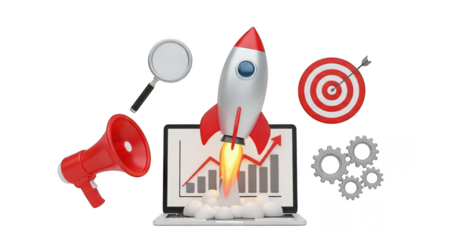 3d rocket launching from a laptop screen isolated on transparent background