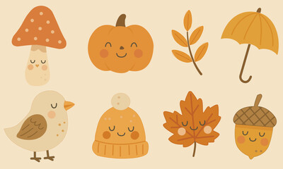  Hello Autumn! Set of 8 adorable kawaii figures. Cozy Autumn  illustrations.  Stickers, badges, emblems for design
