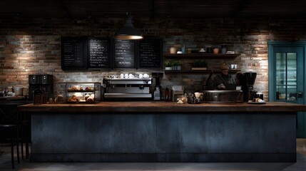 Warm and inviting industrial style coffee shop interior with a barista behind the counter an espresso hine and fresh pastries on display