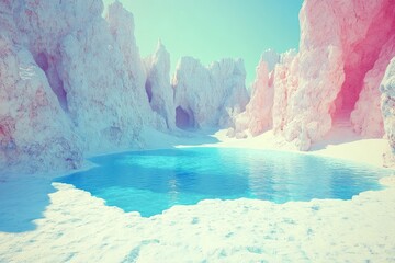 Pastel-colored, icy landscape with a serene blue pool