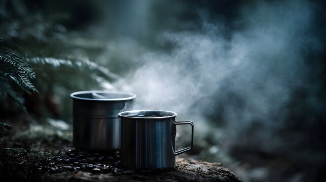 Two steaming metal mugs of hot coffee sit on mossy ground with scattered beans in a serene forest capturing a tranquil outdoor morning moment