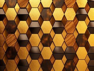 Stunning geometric pattern background with gold, wood, and dark accents creates a modern, luxurious texture for design projects and sophisticated presentations