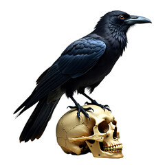 Fototapeta premium Raven Perched on Skull Illustration: Dark Fantasy Art Print, Gothic Bird, Macabre Decor, Halloween, Crow, Death, Gothic Home Decor