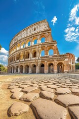 Ancient Roman Colosseum under vibrant blue sky