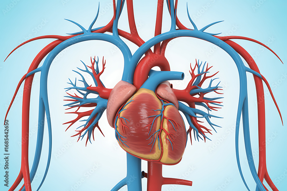 Poster 3d anatomical visualization highlighting the human heart with surrounding arteries and veins showing