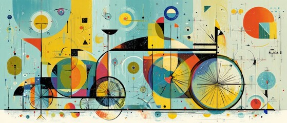 Obraz premium Abstract geometric bicycle art with vibrant colors and retro design Modern painting of a bike with circles, triangles, and squares Concept of transportation, art, and design