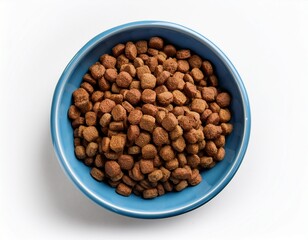 a top down view of a blue ceramic bowl filled with brown textured dog kibble pieces on a clean white background showcasing a pet food product concept