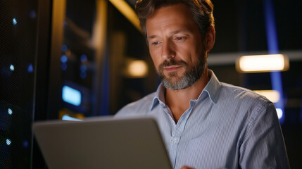 An experienced IT specialist in a dimly lit server room troubleshooting hardware issues with a laptop on hand cables and glowing server racks creating a futuristic atmosphere