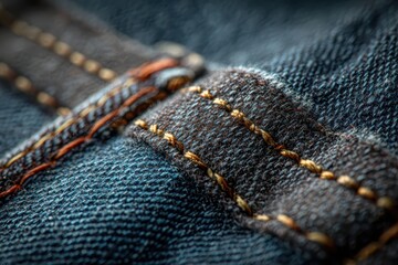 Denim fabric close-up features detailed stitching and visible textile patterns. Perfect for fashion, garment design, and texture-related projects.