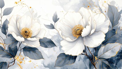 Elegant Watercolor Floral Art Featuring White Peonies with Gold Accents and Blue Leaves