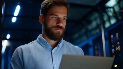 An experienced IT specialist in a dimly lit server room troubleshooting hardware issues with a laptop on hand cables and glowing server racks creating a futuristic atmosphere