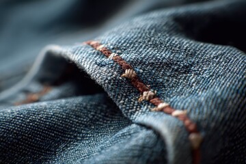 Close-up of textured denim fabric with a decorative brown stitched seam detail. Ideal for fashion design, textile industry or representing handmade quality.