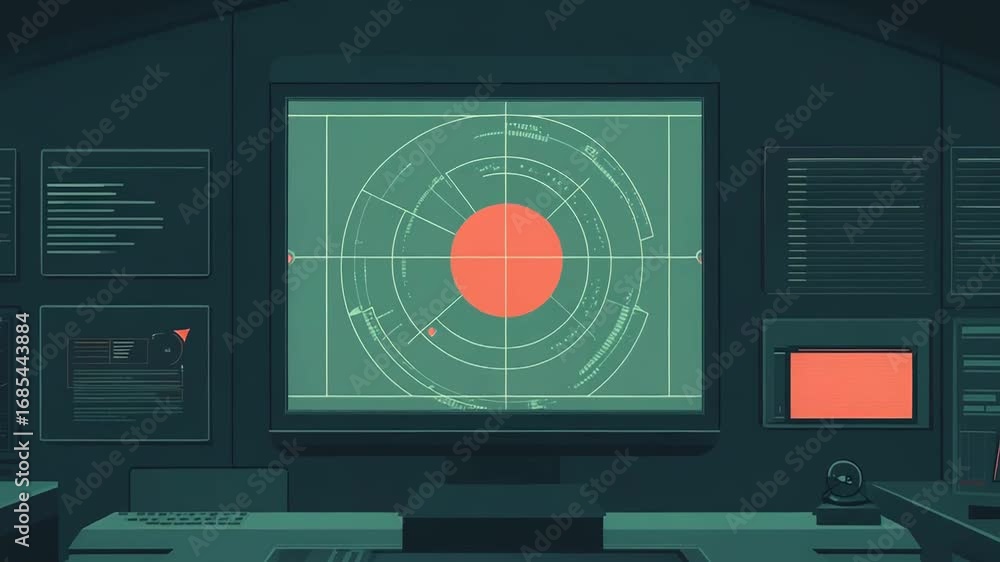 Poster control room monitoring showing radar and charts on multiple screens
