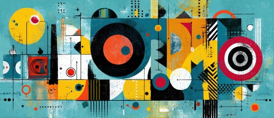 Obraz premium Vibrant abstract geometric painting with circles, lines, and retro shapes in teal, yellow, and red Concept of modern art, graphic design, and creative background