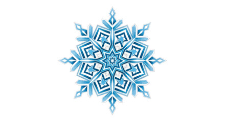 A beautiful blue watercolor snowflake with an intricate geometric crystalline design.