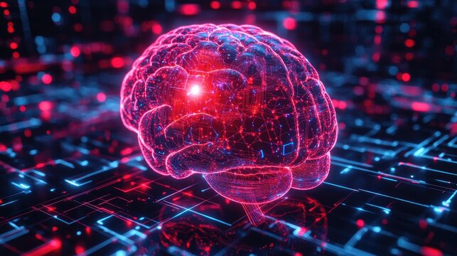 3D glowing brain on a digital circuit board