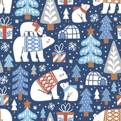 Seamless vector pattern with hand drawn polar bears in snowy winter woodland. Cute polar bears in warm clothes. Perfect for textile, wallpaper or nursery print design.
