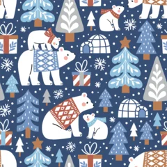 Seamless vector pattern with hand drawn polar bears in snowy winter woodland. Cute polar bears in warm clothes. Perfect for textile, wallpaper or nursery print design. © MirabellePrint