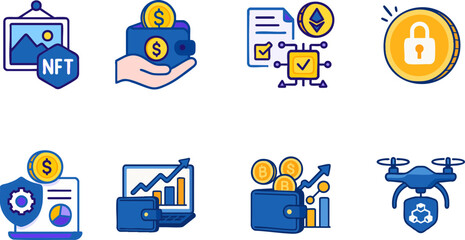This image features a set of eight colorful cryptocurrency and finance-related icons, including NFTs, wallets, coins, blockchain contracts, security, charts, and a drone with a blockchain symbol.