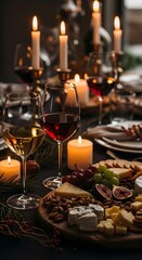 Naklejka premium Romantic dinner setting with wine cheese board and lit candles red wine