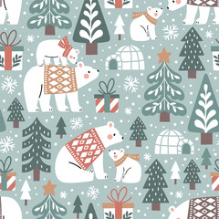 Seamless vector pattern with hand drawn polar bears in snowy winter woodland. Cute polar bears in warm clothes. Perfect for textile, wallpaper or nursery print design.