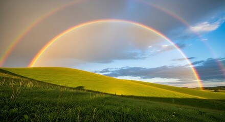 Naklejka premium Vibrant rainbow arching over golden field under cloudy dramatic sky
