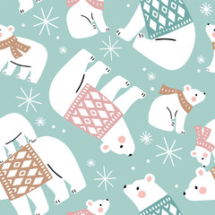 Seamless vector pattern with cute hand drawn polar bears in winter clothes. Perfect for textile, wallpaper or nursery print design.