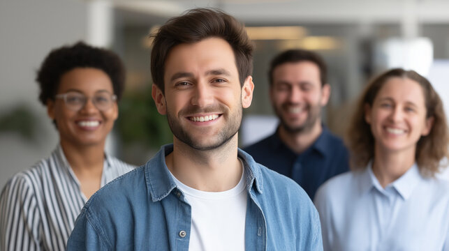 An enthusiastic creative media team embracing in a portrait colleagues smiling and laughing modern office interior softly blurred behind them scene highlighting agency culture - Powered by Adobe
