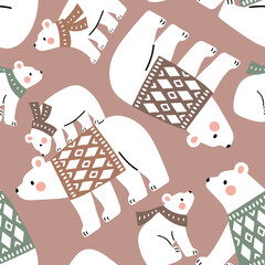 Seamless vector pattern with cute hand drawn polar bears in winter clothes. Perfect for textile, wallpaper or nursery print design.
