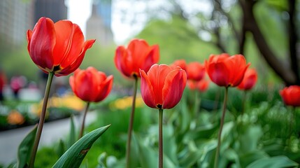 Obraz premium Red Tulips Blooming in NYC Urban Park Spring Garden, Orange Flowers Panoramic Close-up 