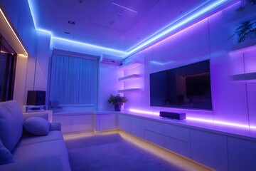 Purple LED lights on a white wall with a TV and shelves, 