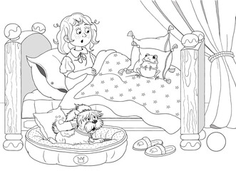 The frog prince. Fairy tale. Illustrations for children. Coloring page