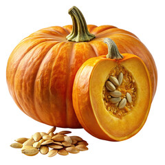 A whole ripe orange pumpkin with a slice revealing its seeds and a pile of seeds in front isolated on transparent background