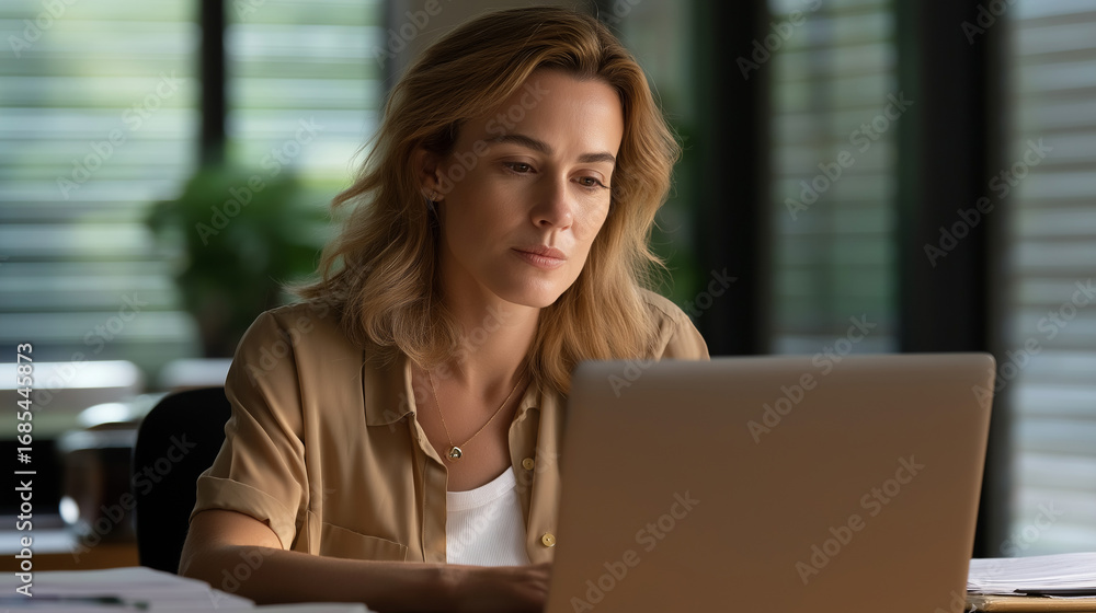 Poster a female journalist working on a laptop in an office typing with focused expression papers and notes