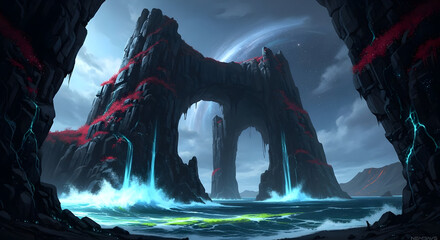 Ethereal Arch: Where Crimson Blooms Meet Celestial Waves