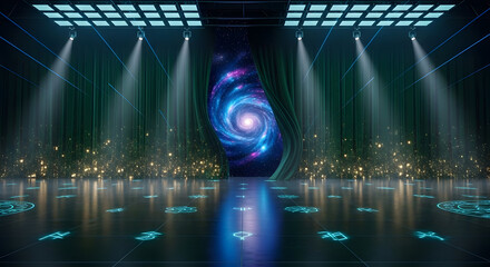 A stage set reveals a swirling galaxy behind parted green curtains.  Glowing symbols adorn the floor, illuminated by spotlights.  A scene of cosmic mystery and spectacle.