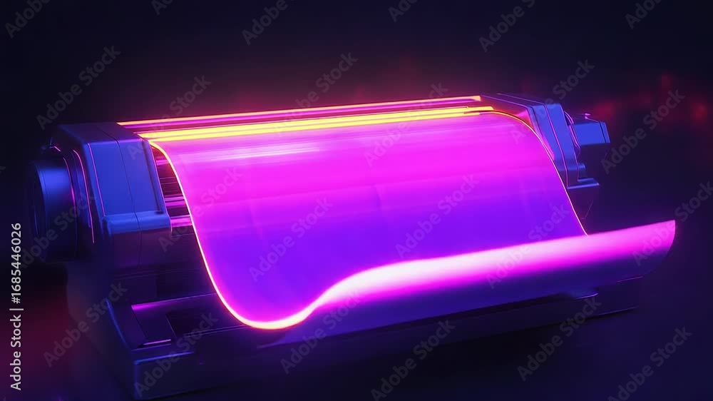 Poster futuristic 3d printer creating flexible neon material in dark environment