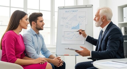 A man and a woman discussing a financial graph on a whiteboard.